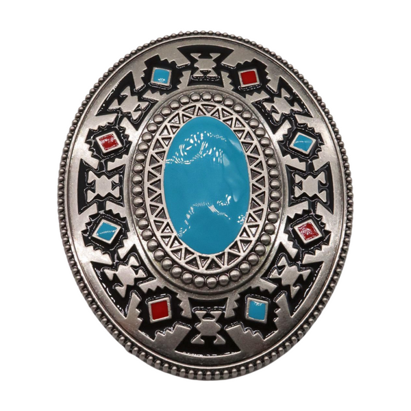 Brand New Men Women Silver Metal Buckle Native Ethnic Style Oval Shape Turquoise Blue