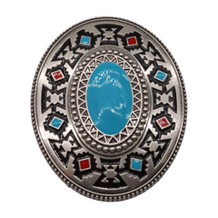 Men Women Silver Metal Buckle Native Ethnic Style Oval Shape Turquoise Blue