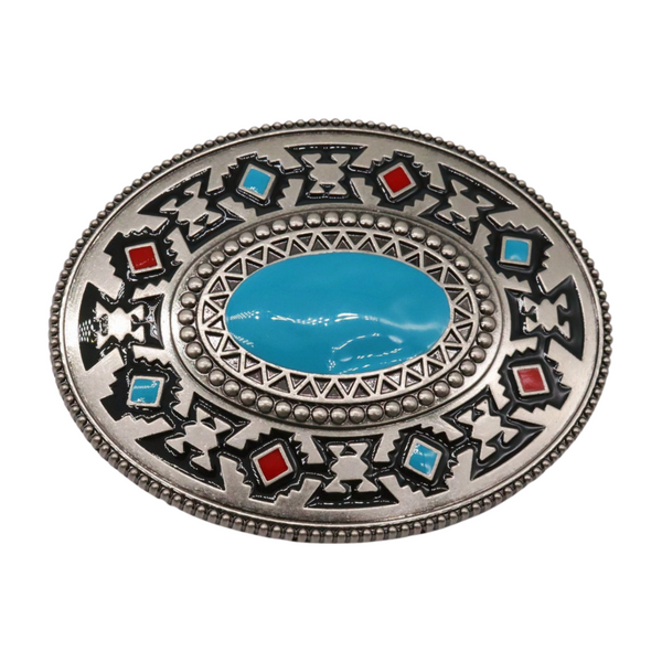 Brand New Men Women Silver Metal Buckle Native Ethnic Style Oval Shape Turquoise Blue