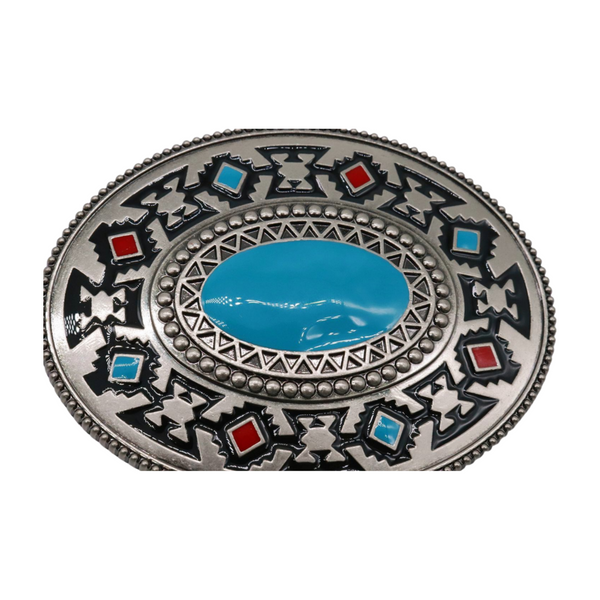 Brand New Men Women Silver Metal Buckle Native Ethnic Style Oval Shape Turquoise Blue