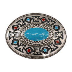 Native Ethnic Style Oval Shaped Silver & Turquoise Belt Buckle