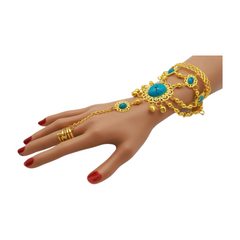 Women Gold Metal Hand Chain Cuff Bracelet Ring Turquoise Blue Beads
