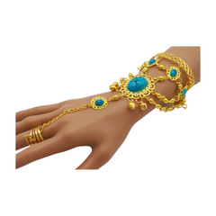 Women Gold Metal Hand Chain Cuff Bracelet Ring Turquoise Blue Beads
