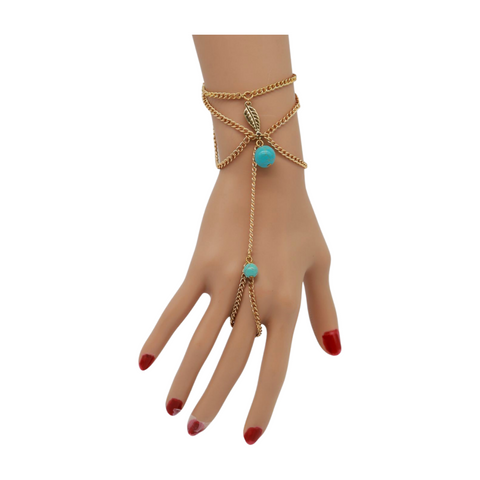 Brand New Women Bracelet Gold Metal Hand Chain Leaf Turquoise Blue Beads One Size