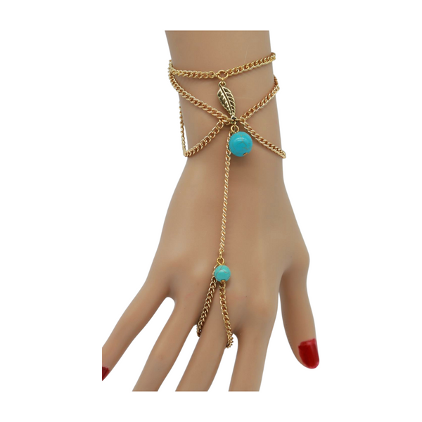 Brand New Women Bracelet Gold Metal Hand Chain Leaf Turquoise Blue Beads One Size