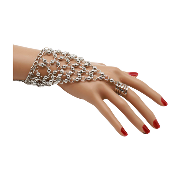 Brand New Women Silver Metal Hand Chain Bracelet Ball Charms Ring Connected One Size