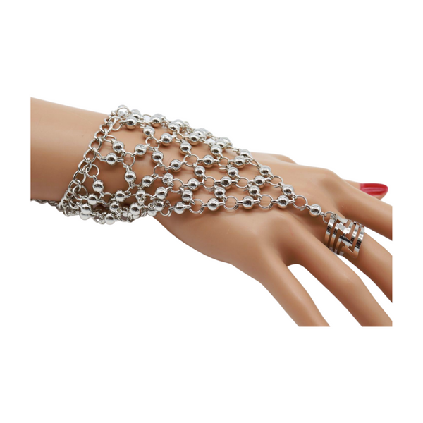 Brand New Women Silver Metal Hand Chain Bracelet Ball Charms Ring Connected One Size
