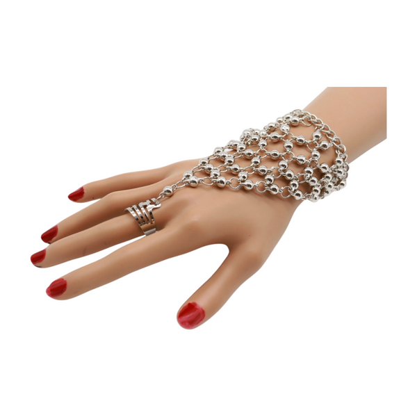 Brand New Women Silver Metal Hand Chain Bracelet Ball Charms Ring Connected One Size