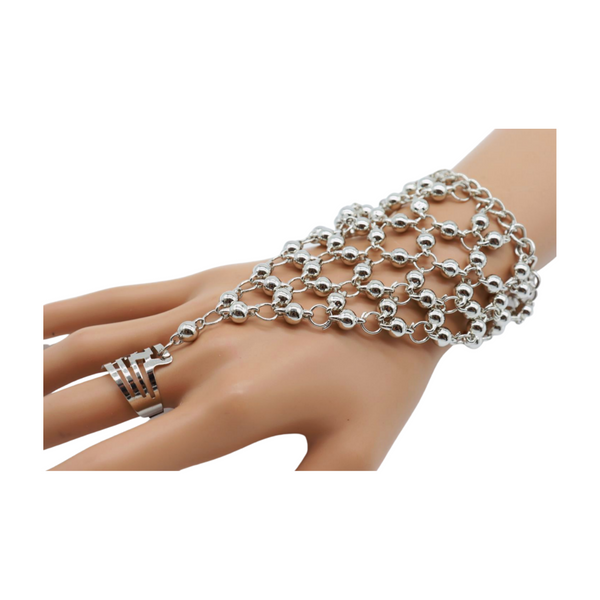 Brand New Women Silver Metal Hand Chain Bracelet Ball Charms Ring Connected One Size