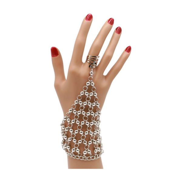 Brand New Women Silver Metal Hand Chain Bracelet Ball Charms Ring Connected One Size