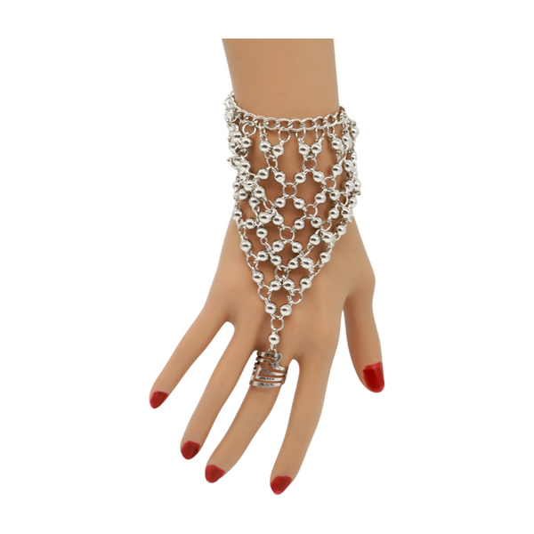 Brand New Women Silver Metal Hand Chain Bracelet Ball Charms Ring Connected One Size
