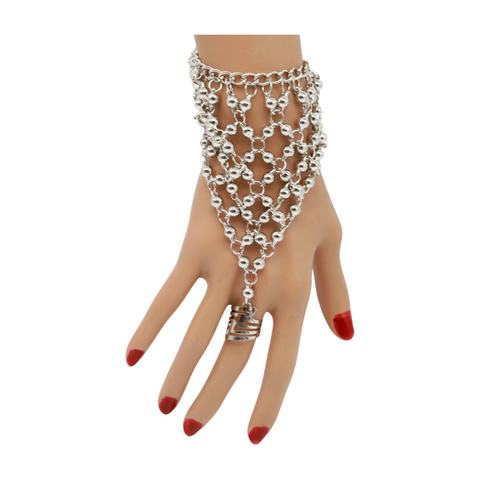 Brand New Women Silver Metal Hand Chain Bracelet Ball Charms Ring Connected One Size