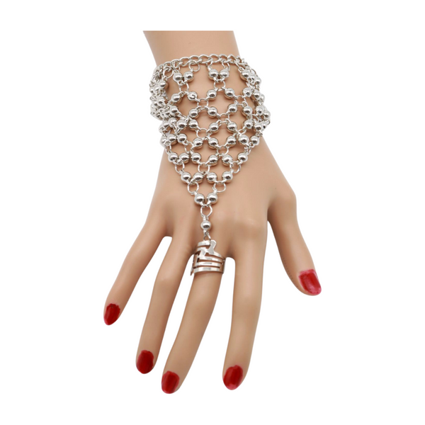 Brand New Women Silver Metal Hand Chain Bracelet Ball Charms Ring Connected One Size