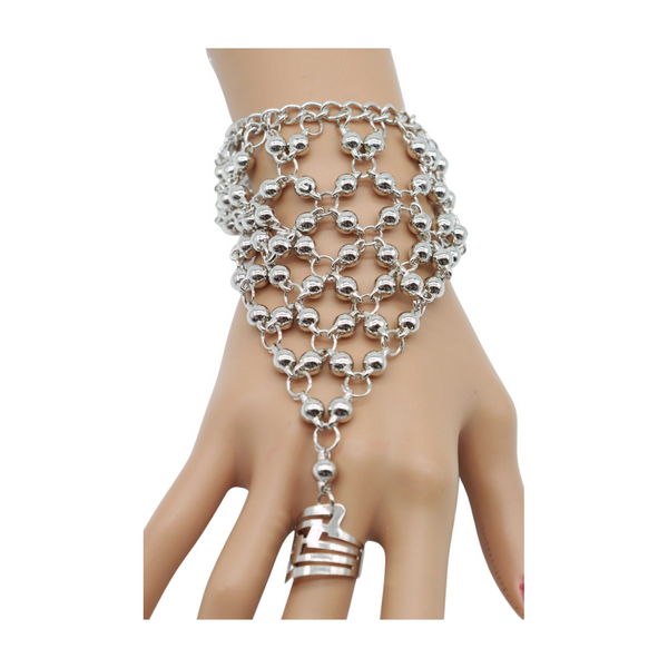 Brand New Women Silver Metal Hand Chain Bracelet Ball Charms Ring Connected One Size