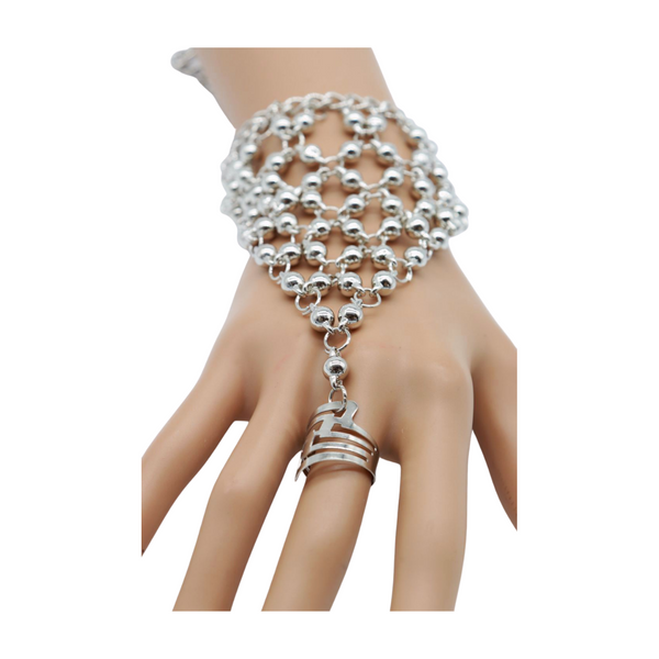 Brand New Women Silver Metal Hand Chain Bracelet Ball Charms Ring Connected One Size