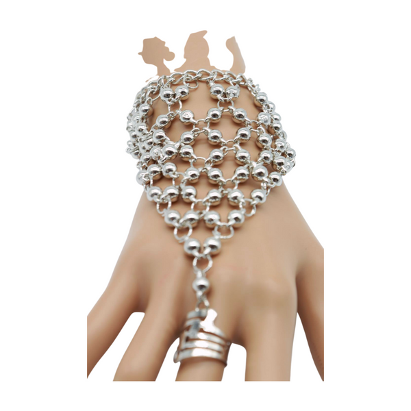 Brand New Women Silver Metal Hand Chain Bracelet Ball Charms Ring Connected One Size