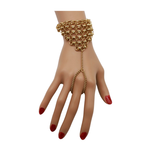 Brand New Women Gold Metal Hand Chain Wrist Bracelet Multi Links Conncted Ring