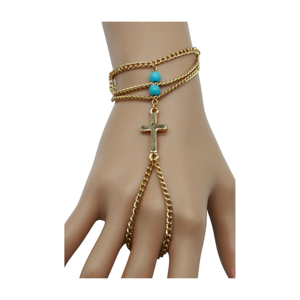 Brand New Women Gold Metal Hand Chain Bracelet Cross Charm Turquoise Blue Color