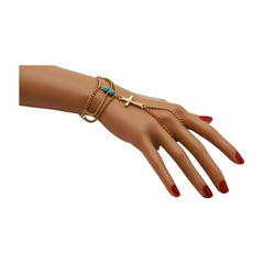 Gold Metal Hand Chain Bracelet Cross Charm Turquoise Blue Color Ring