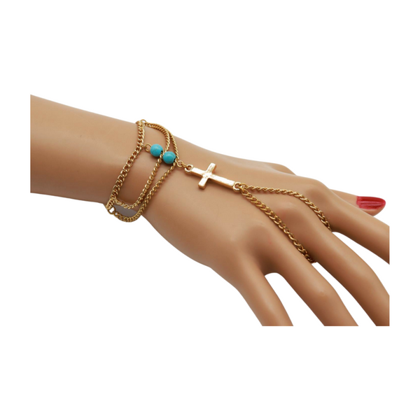 Brand New Women Gold Metal Hand Chain Bracelet Cross Charm Turquoise Blue Color