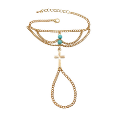 Gold Metal Hand Chain Bracelet Cross Charm Turquoise Blue Color Ring