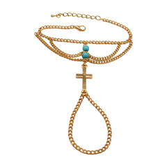 Gold Metal Hand Chain Bracelet Cross Charm Turquoise Blue Color Ring
