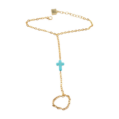 Gold Metal Hand Chain Bracelet Turquoise Blue Cross