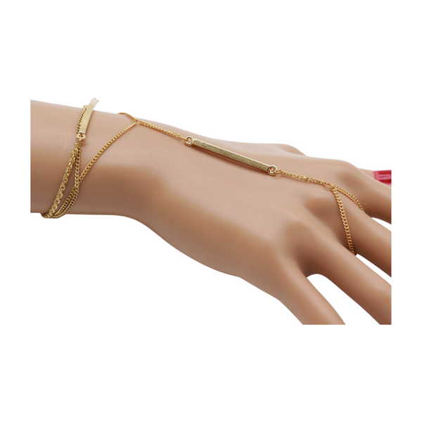 Brand New Women Gold Metal Hand Chain Bracelet Long Plate Connected Ring One Size