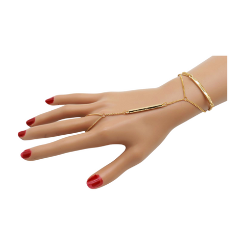 Brand New Women Gold Metal Hand Chain Bracelet Long Plate Connected Ring One Size