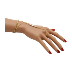 Gold Metal Hand Chain Bracelet Long Plate Connected Ring One Size