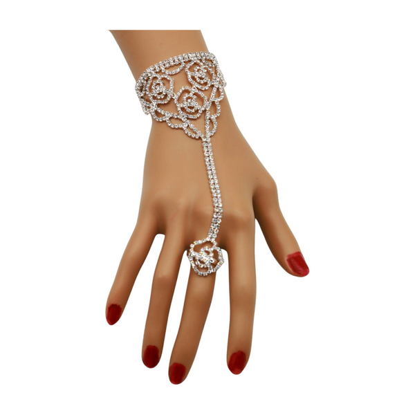 Brand New Women Silver Metal Hand Chain Bracelet Connected Slave Ring Rose Flower