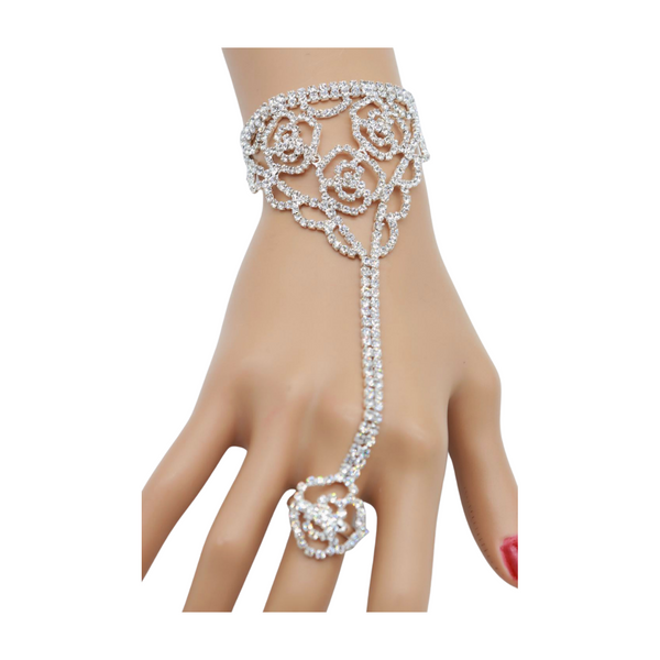 Brand New Women Silver Metal Hand Chain Bracelet Connected Slave Ring Rose Flower