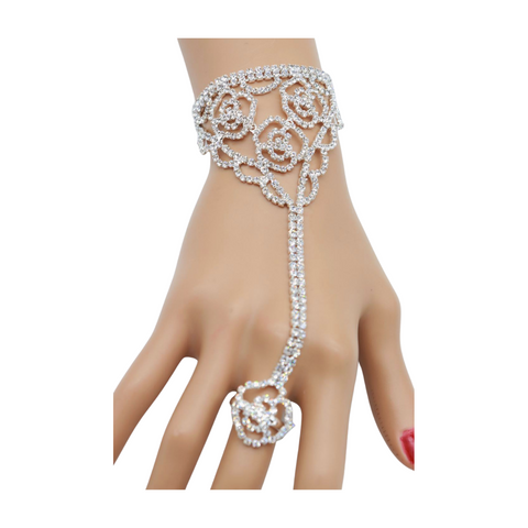Brand New Women Silver Metal Hand Chain Bracelet Connected Slave Ring Rose Flower