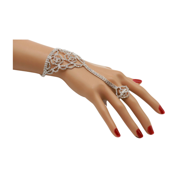 Brand New Women Silver Metal Hand Chain Bracelet Connected Slave Ring Rose Flower