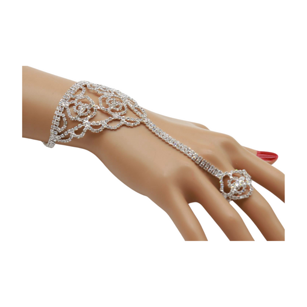 Brand New Women Silver Metal Hand Chain Bracelet Connected Slave Ring Rose Flower