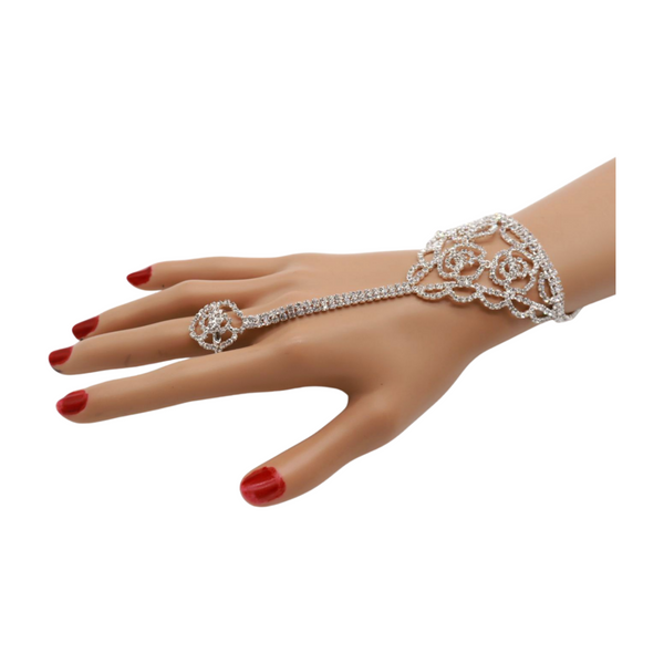 Brand New Women Silver Metal Hand Chain Bracelet Connected Slave Ring Rose Flower