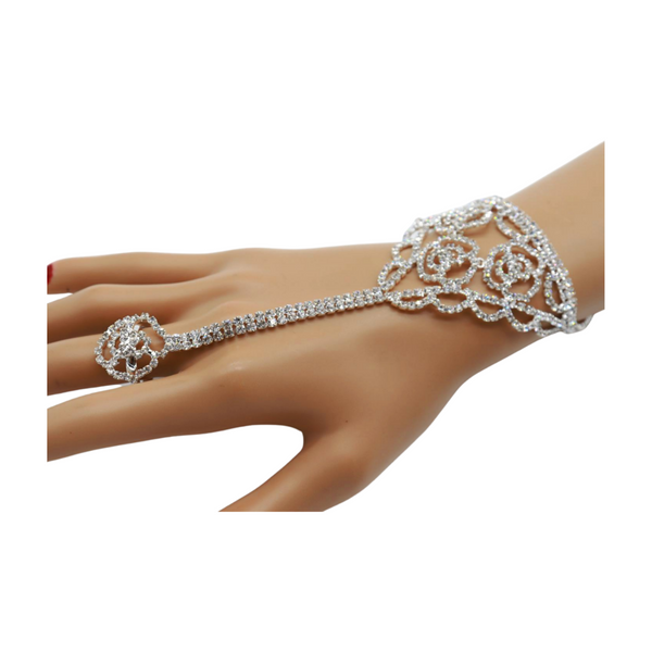 Brand New Women Silver Metal Hand Chain Bracelet Connected Slave Ring Rose Flower