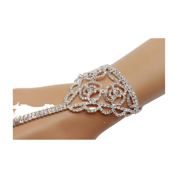 Brand New Women Silver Metal Hand Chain Bracelet Connected Slave Ring Rose Flower