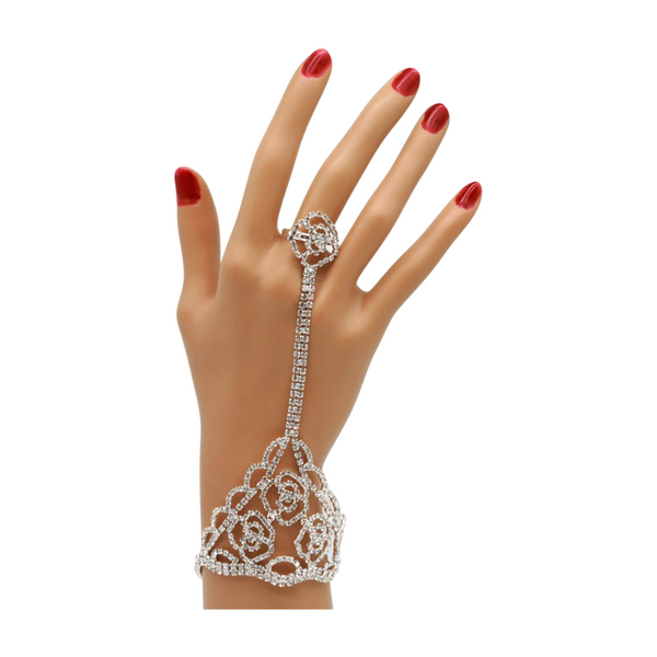 Brand New Women Silver Metal Hand Chain Bracelet Connected Slave Ring Rose Flower