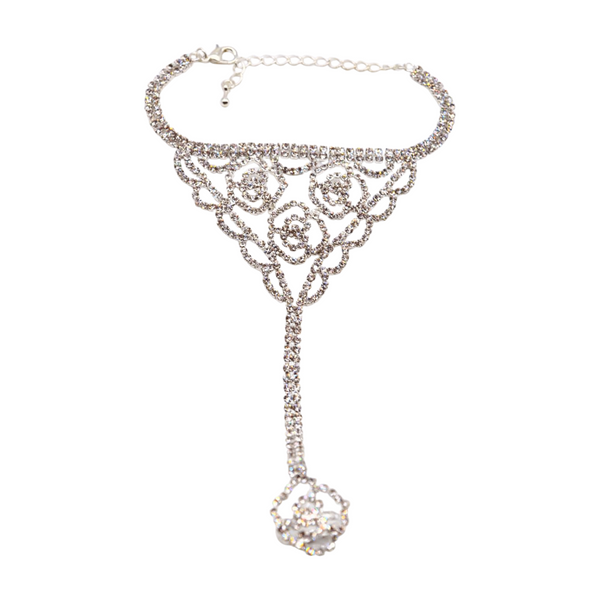 Brand New Women Silver Metal Hand Chain Bracelet Connected Slave Ring Rose Flower