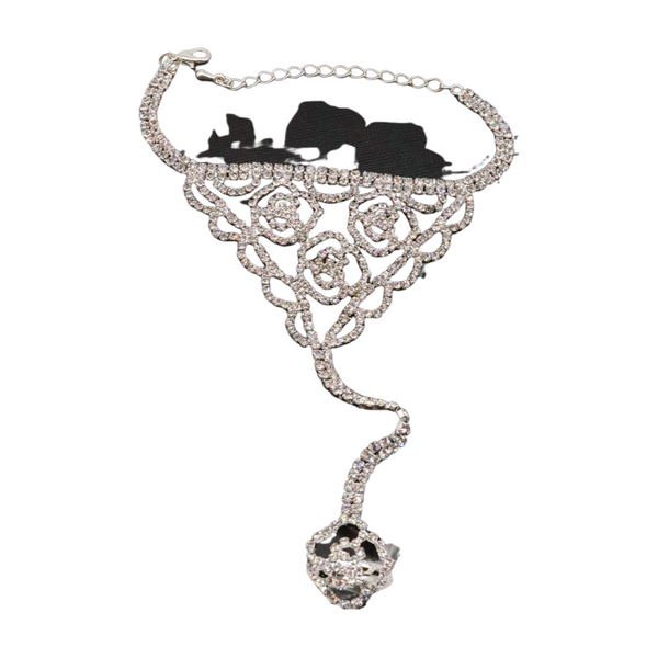 Brand New Women Silver Metal Hand Chain Bracelet Connected Slave Ring Rose Flower
