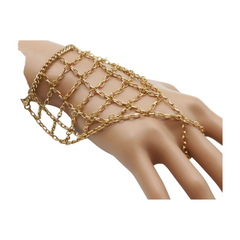 Gold Metal Hand Chain Bracelet Web Net Ring One Size Fits All