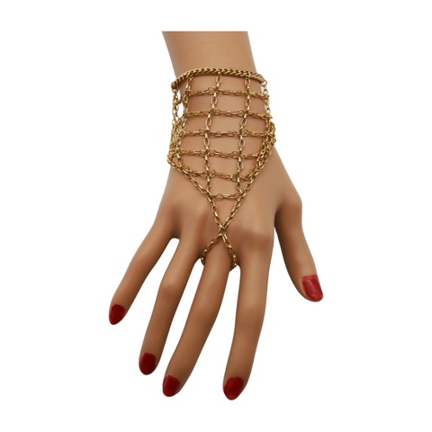 Brand New Women Gold Metal Hand Chain Bracelet Web Net Ring One Size Fits All
