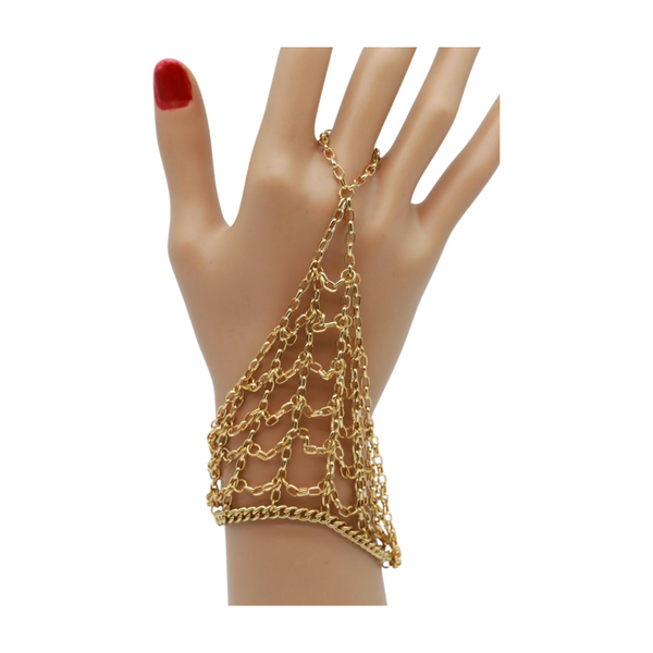 Brand New Women Gold Metal Hand Chain Bracelet Web Net Ring One Size Fits All