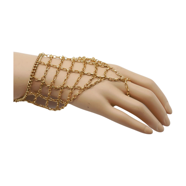 Brand New Women Gold Metal Hand Chain Bracelet Web Net Ring One Size Fits All