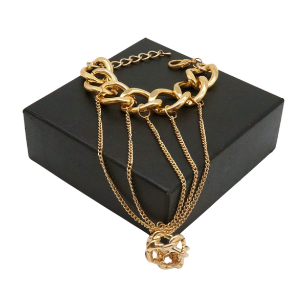 New Women Gold Metal Head Chain Wrist Bracelet Chunky Links Connected Ring