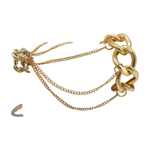 New Women Gold Metal Head Chain Wrist Bracelet Chunky Links Connected Ring