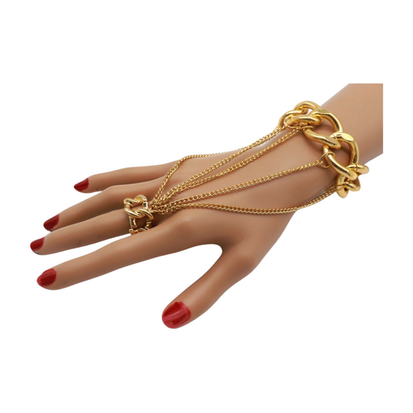 New Women Gold Metal Head Chain Wrist Bracelet Chunky Links Connected Ring