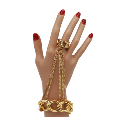 New Women Gold Metal Head Chain Wrist Bracelet Chunky Links Connected Ring
