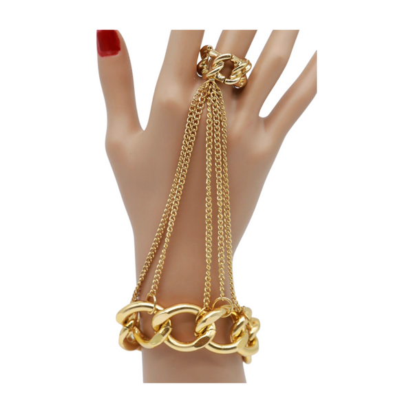 New Women Gold Metal Head Chain Wrist Bracelet Chunky Links Connected Ring